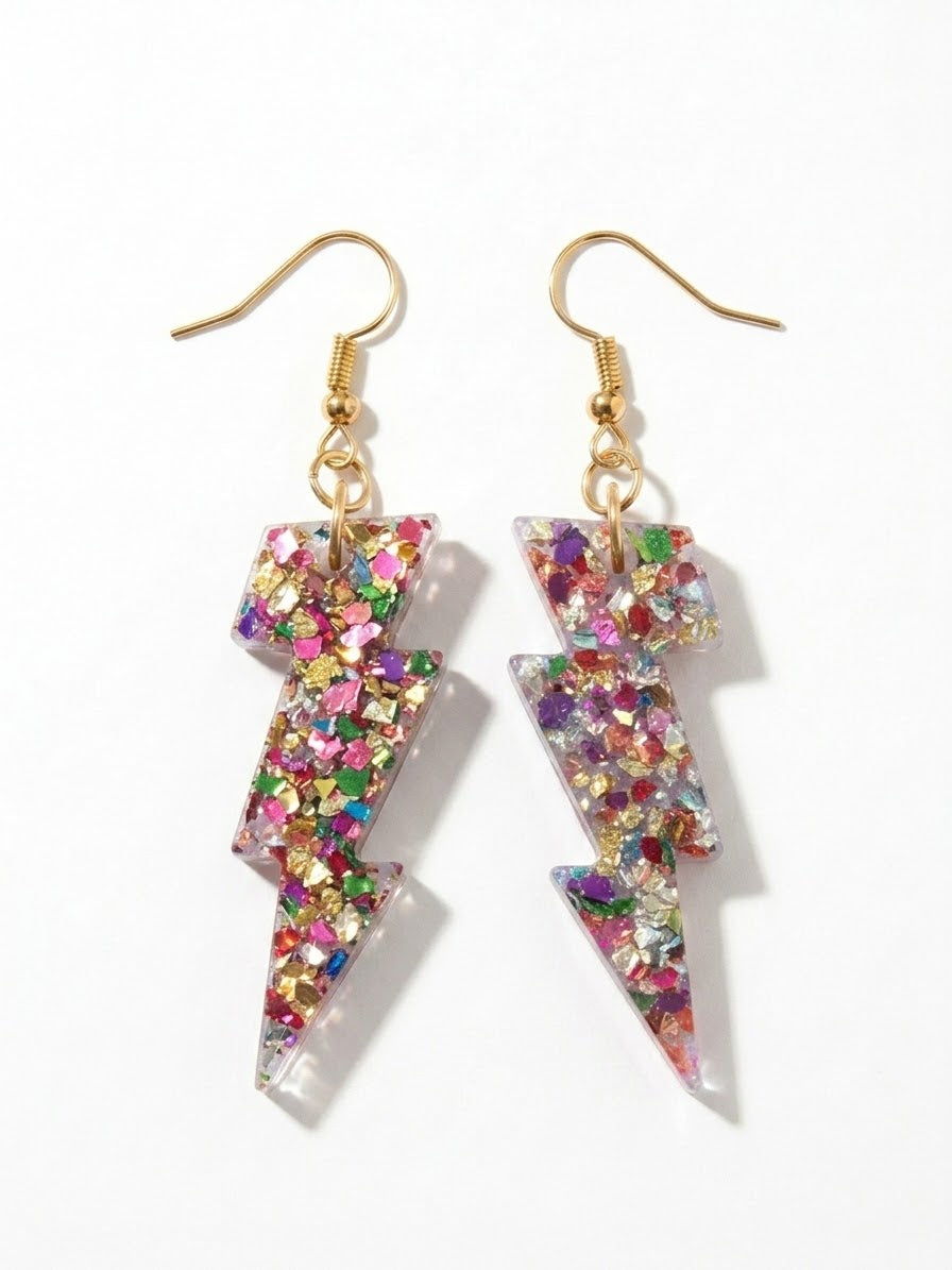 Handcrafted Epoxy Resin Lightning Bolt Earrings - Gothic Wearable Art
