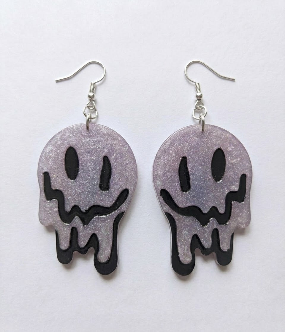 Handcrafted Epoxy Resin Melting Smiley Earrings - Gothic Wearable Art