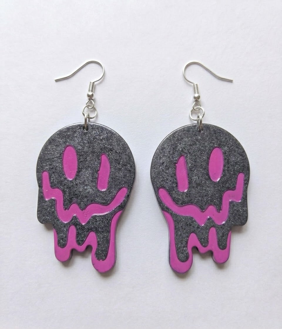 Handcrafted Epoxy Resin Melting Smiley Earrings - Gothic Wearable Art