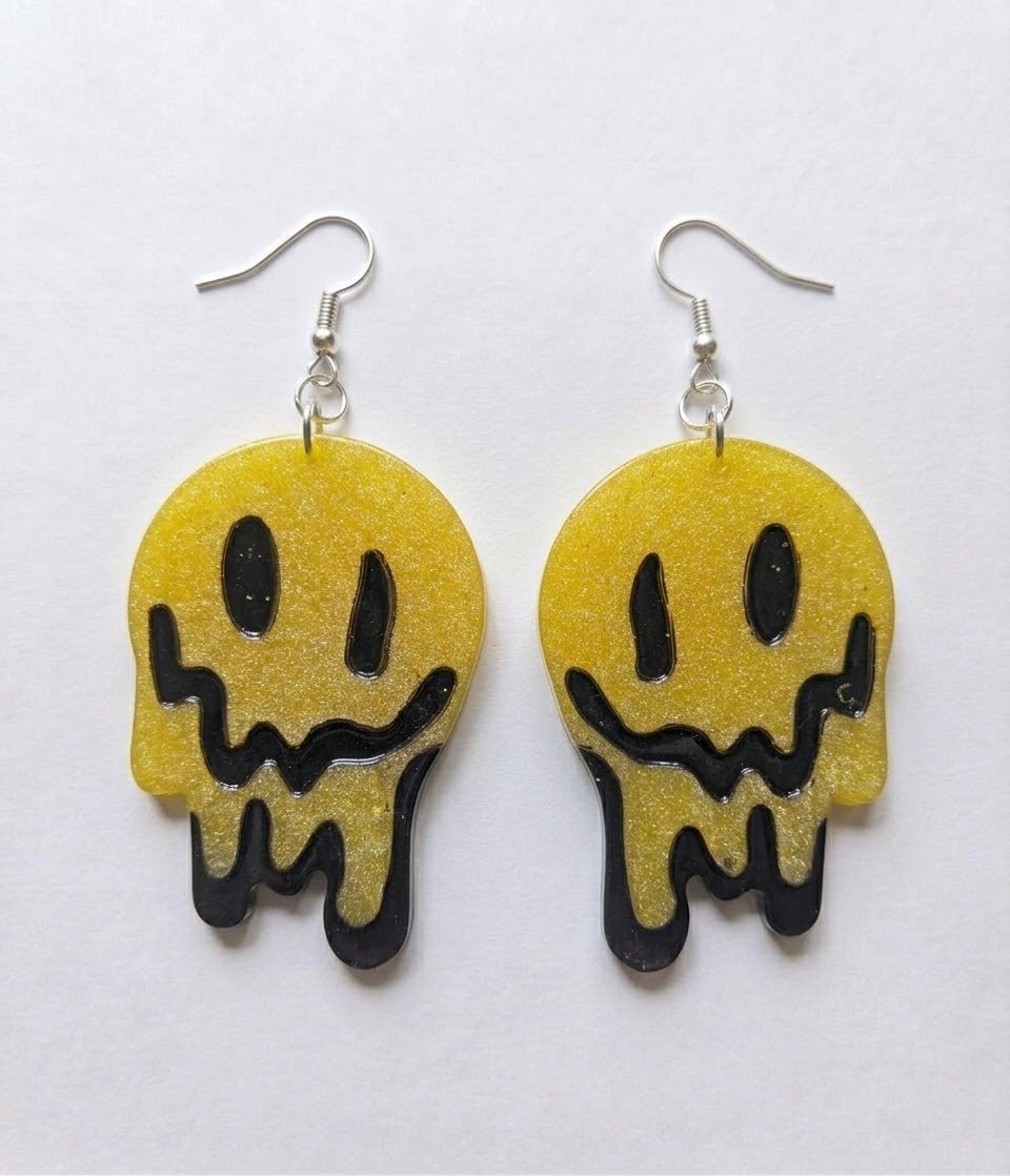 Handcrafted Epoxy Resin Melting Smiley Earrings - Gothic Wearable Art