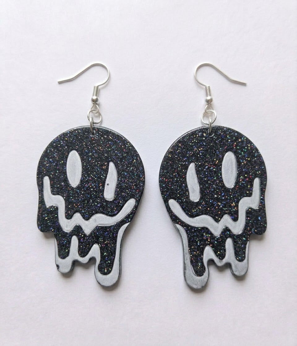 Handcrafted Epoxy Resin Melting Smiley Earrings - Gothic Wearable Art