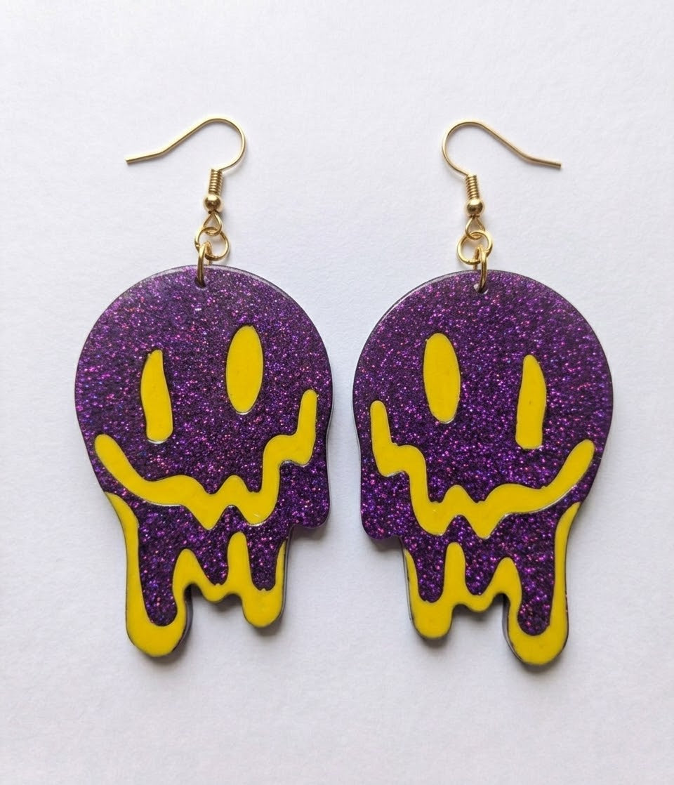 Handcrafted Epoxy Resin Melting Smiley Earrings - Gothic Wearable Art