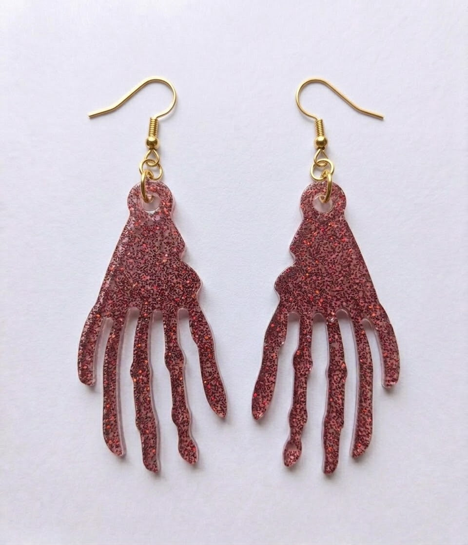Handcrafted Epoxy Resin Skeleton Hand Earrings - Gothic Wearable Art