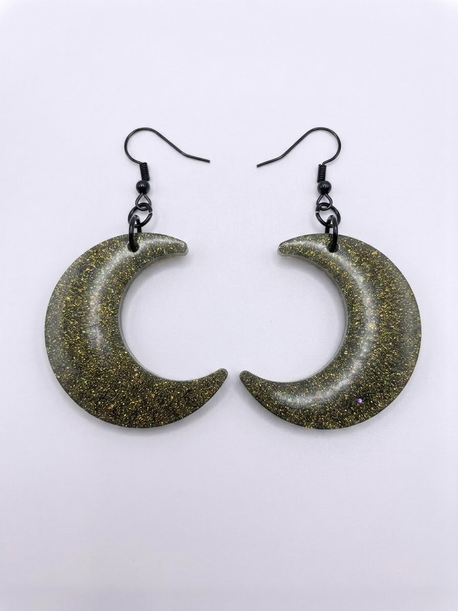 Handcrafted Epoxy Resin Moon Earrings - Gothic Wearable Art