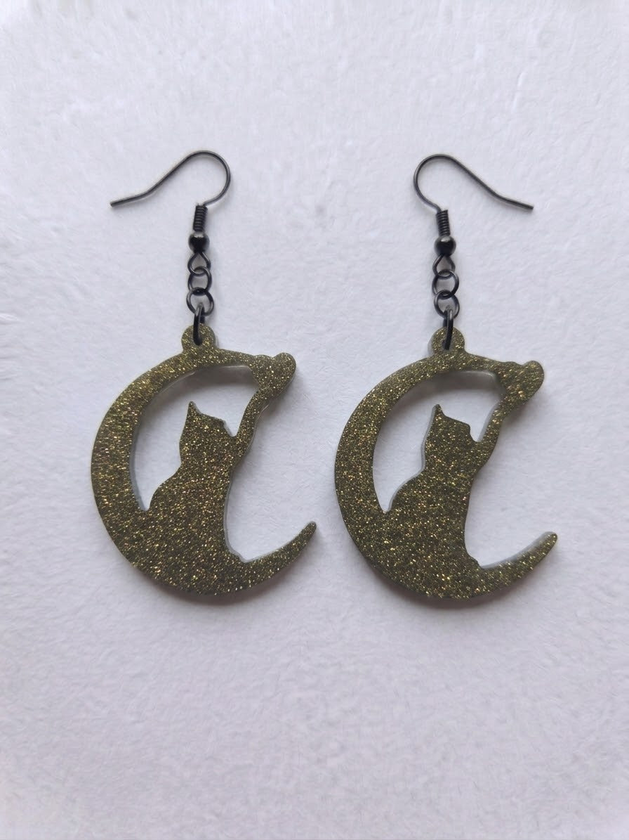 Handcrafted Epoxy Resin Cat Moon Earrings - Gothic Wearable Art
