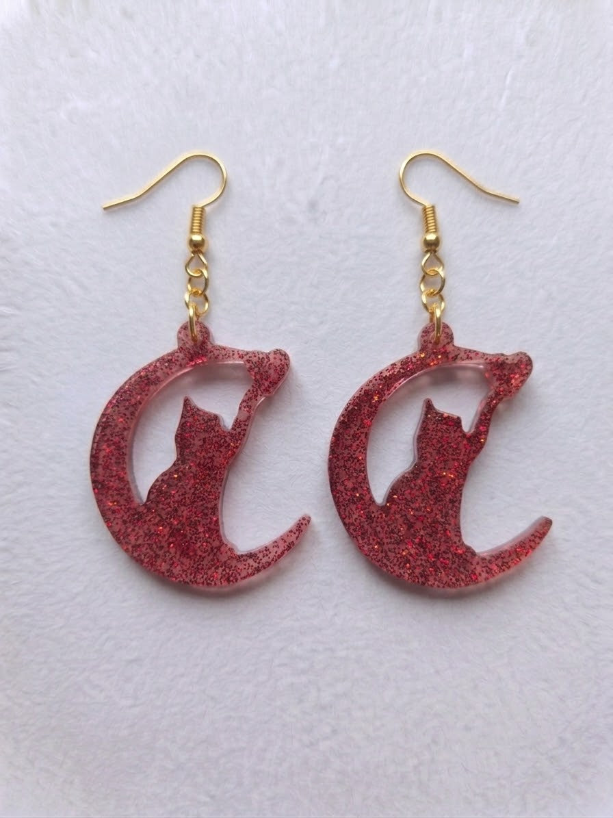 Handcrafted Epoxy Resin Cat Moon Earrings - Gothic Wearable Art
