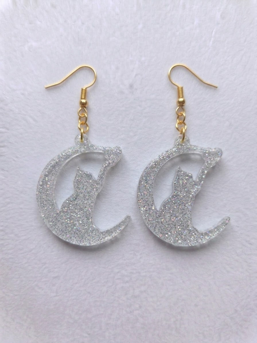 Handcrafted Epoxy Resin Cat Moon Earrings - Gothic Wearable Art