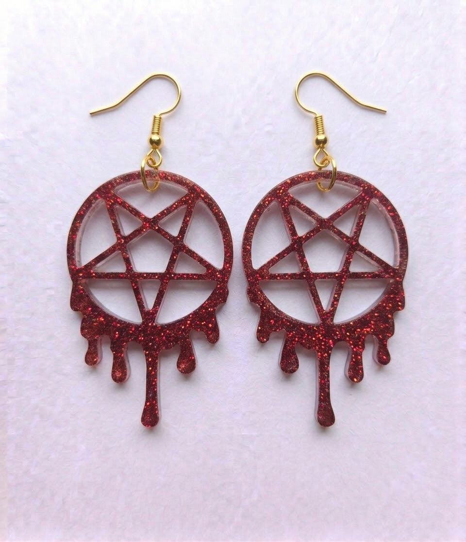 Handcrafted Epoxy Resin Melting Pentacle Earrings - Gothic Wearable Art