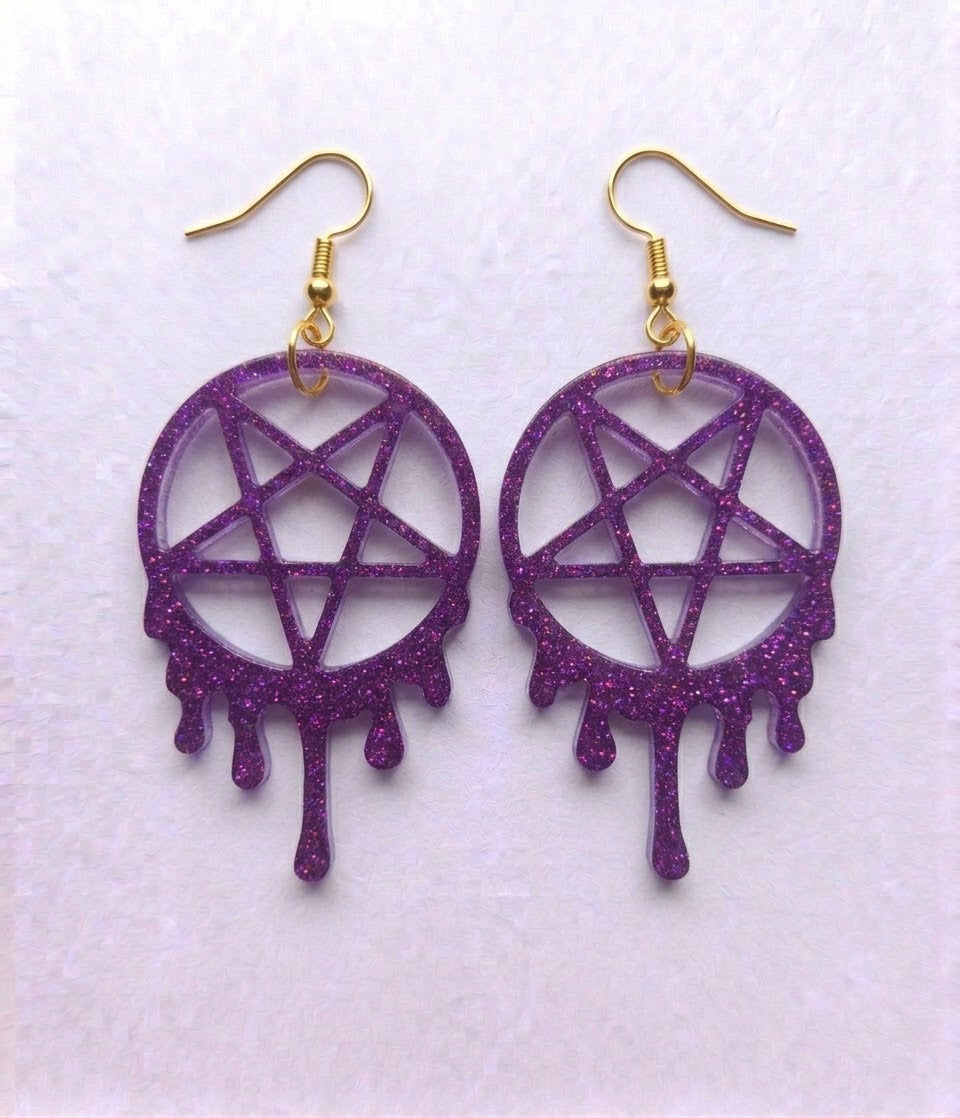 Handcrafted Epoxy Resin Melting Pentacle Earrings - Gothic Wearable Art