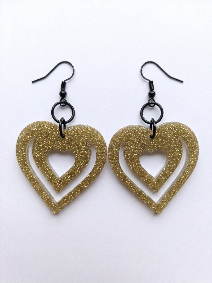 Handcrafted Epoxy Resin Double Heart Earrings - Gothic Wearable Art