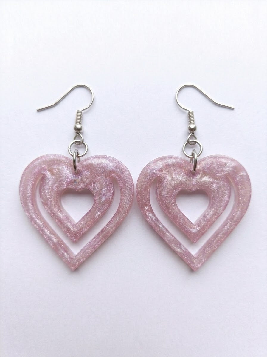 Handcrafted Epoxy Resin Double Heart Earrings - Gothic Wearable Art