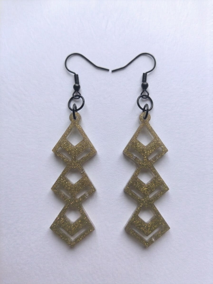 Handcrafted Epoxy Resin Diamond Cascade Earrings - Gothic Wearable Art
