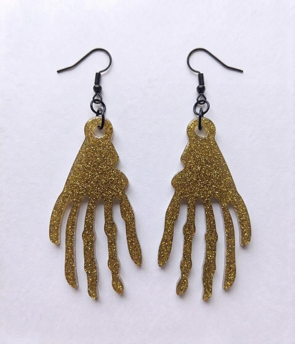 Handcrafted Epoxy Resin Skeleton Hand Earrings - Gothic Wearable Art
