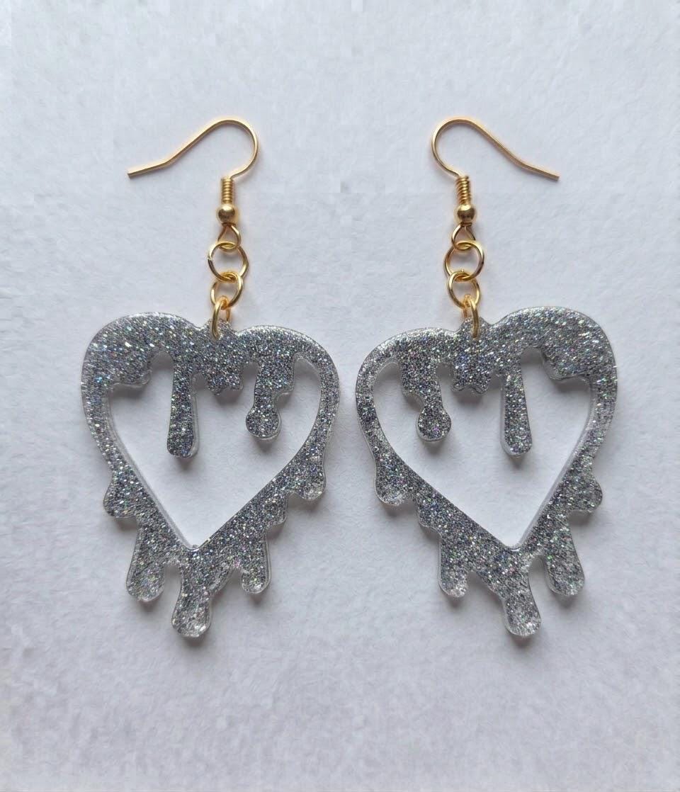 Handcrafted Epoxy Resin Melting Heart Earrings - Gothic Wearable Art