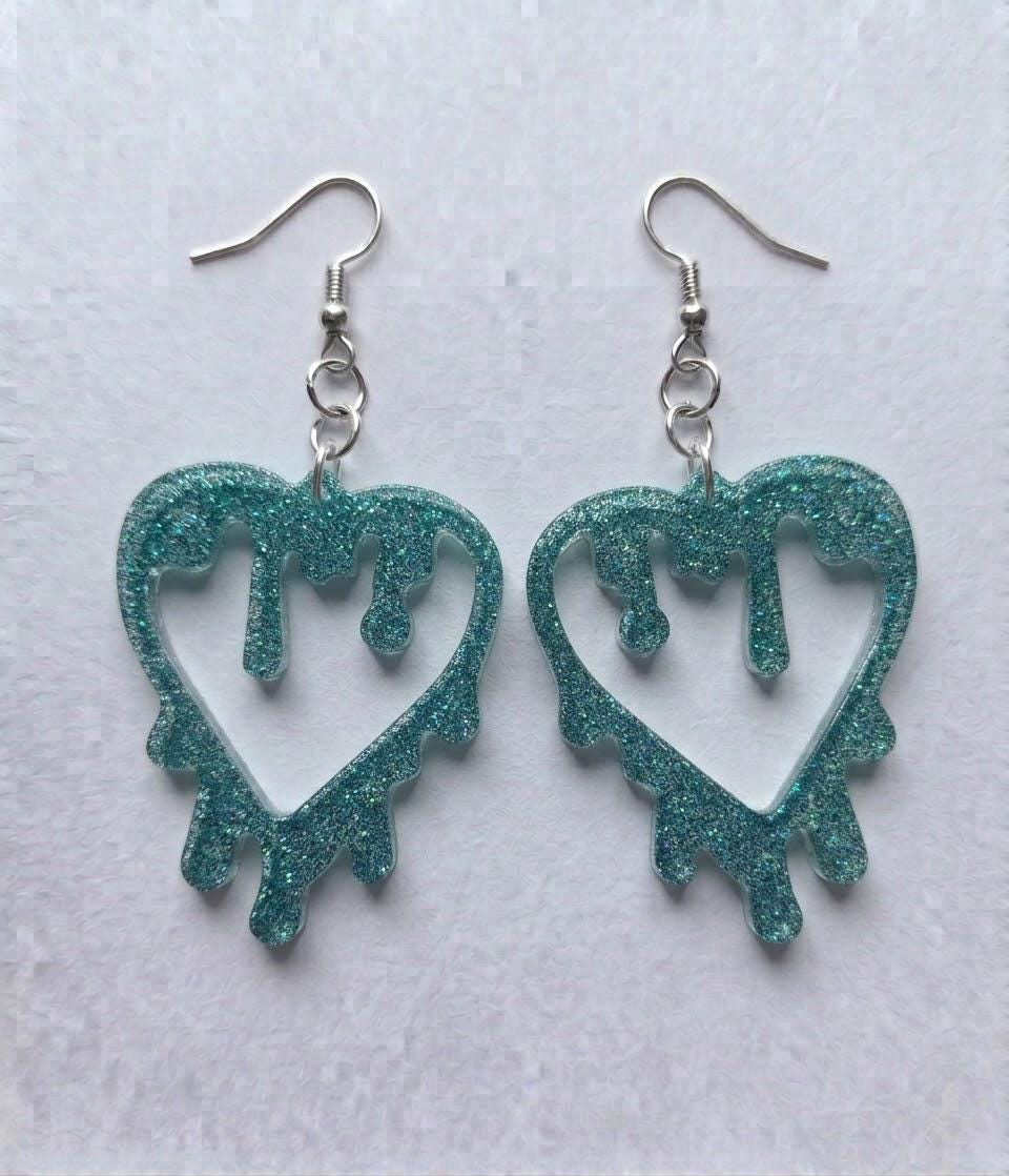 Handcrafted Epoxy Resin Melting Heart Earrings - Gothic Wearable Art