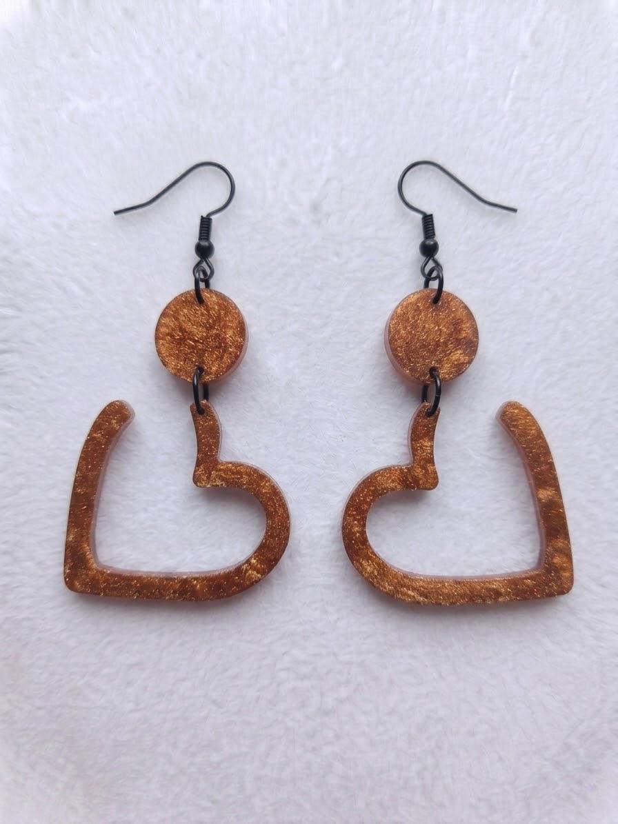 Handcrafted Epoxy Resin Heart Earrings - Gothic Wearable Art