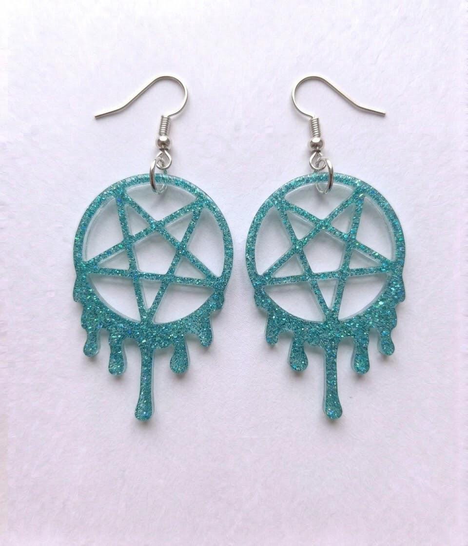 Handcrafted Epoxy Resin Melting Pentacle Earrings - Gothic Wearable Art