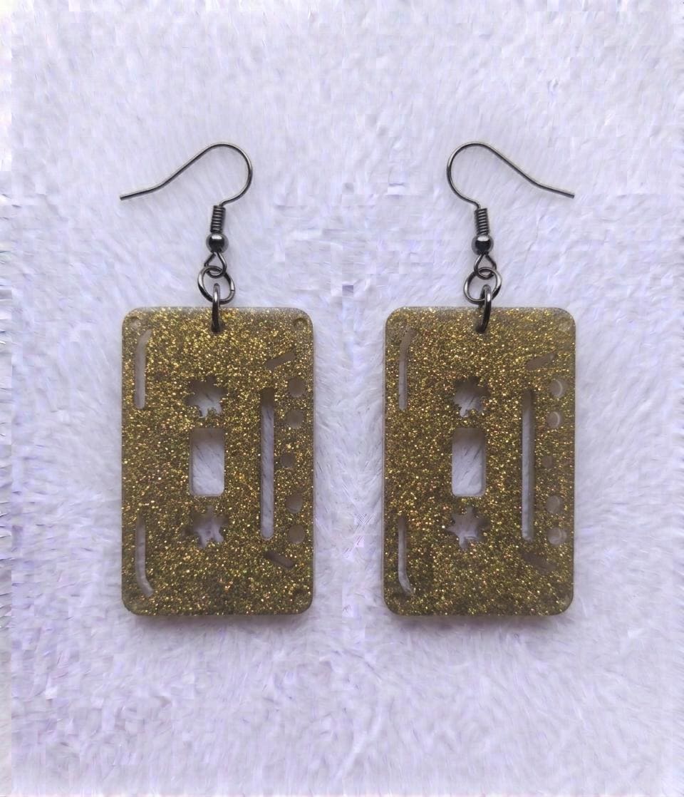 Handcrafted Epoxy Resin Cassette Tape Earrings - Gothic Wearable Art