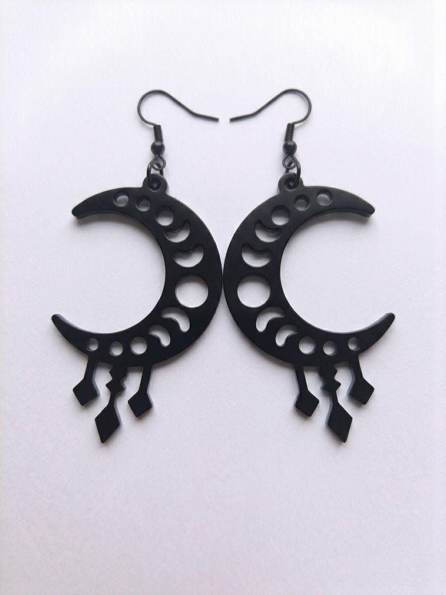 Handcrafted Epoxy Resin Moon Phase Crescent Earrings - Gothic Wearable Art