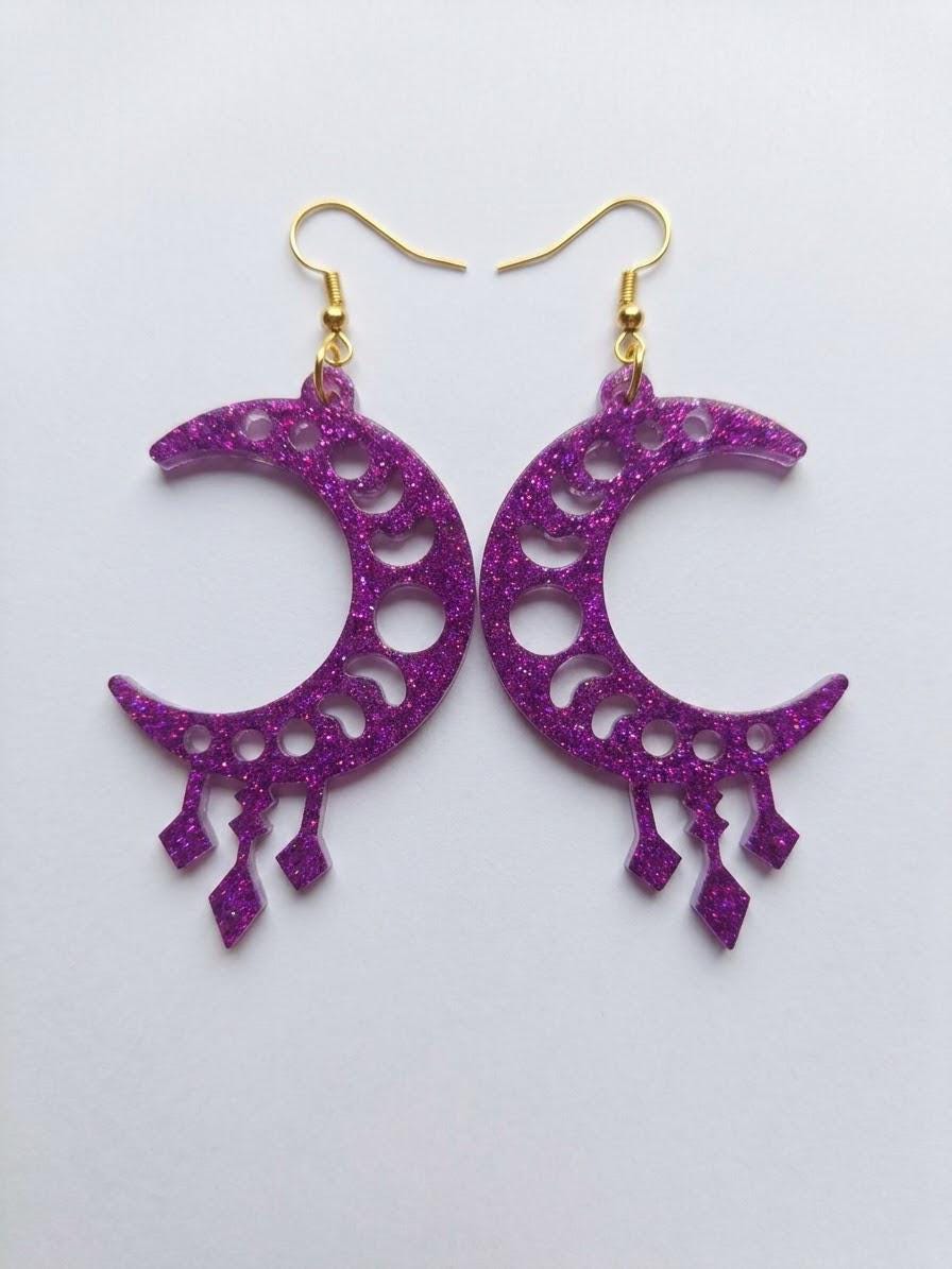 Handcrafted Epoxy Resin Moon Phase Crescent Earrings - Gothic Wearable Art