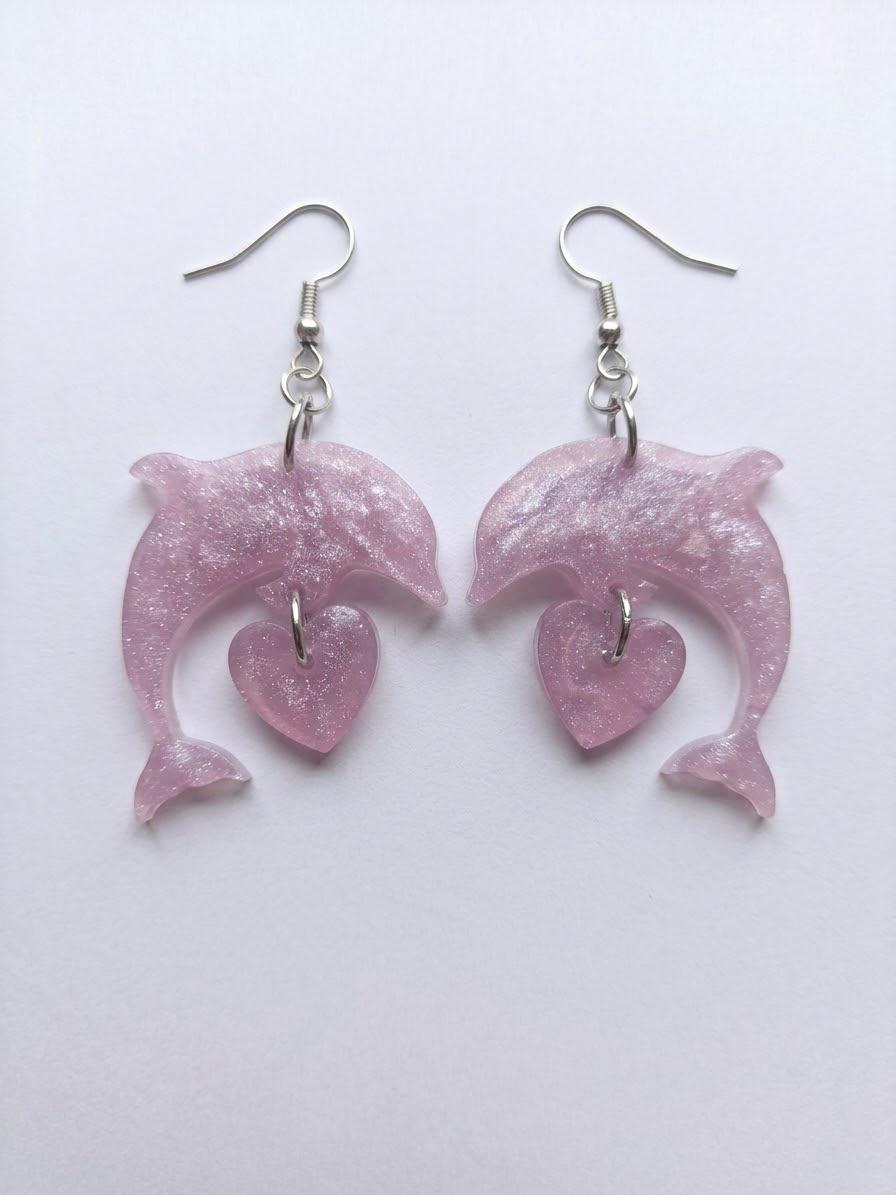 Handcrafted Epoxy Resin Dolphin Heart Earrings - Gothic Wearable Art