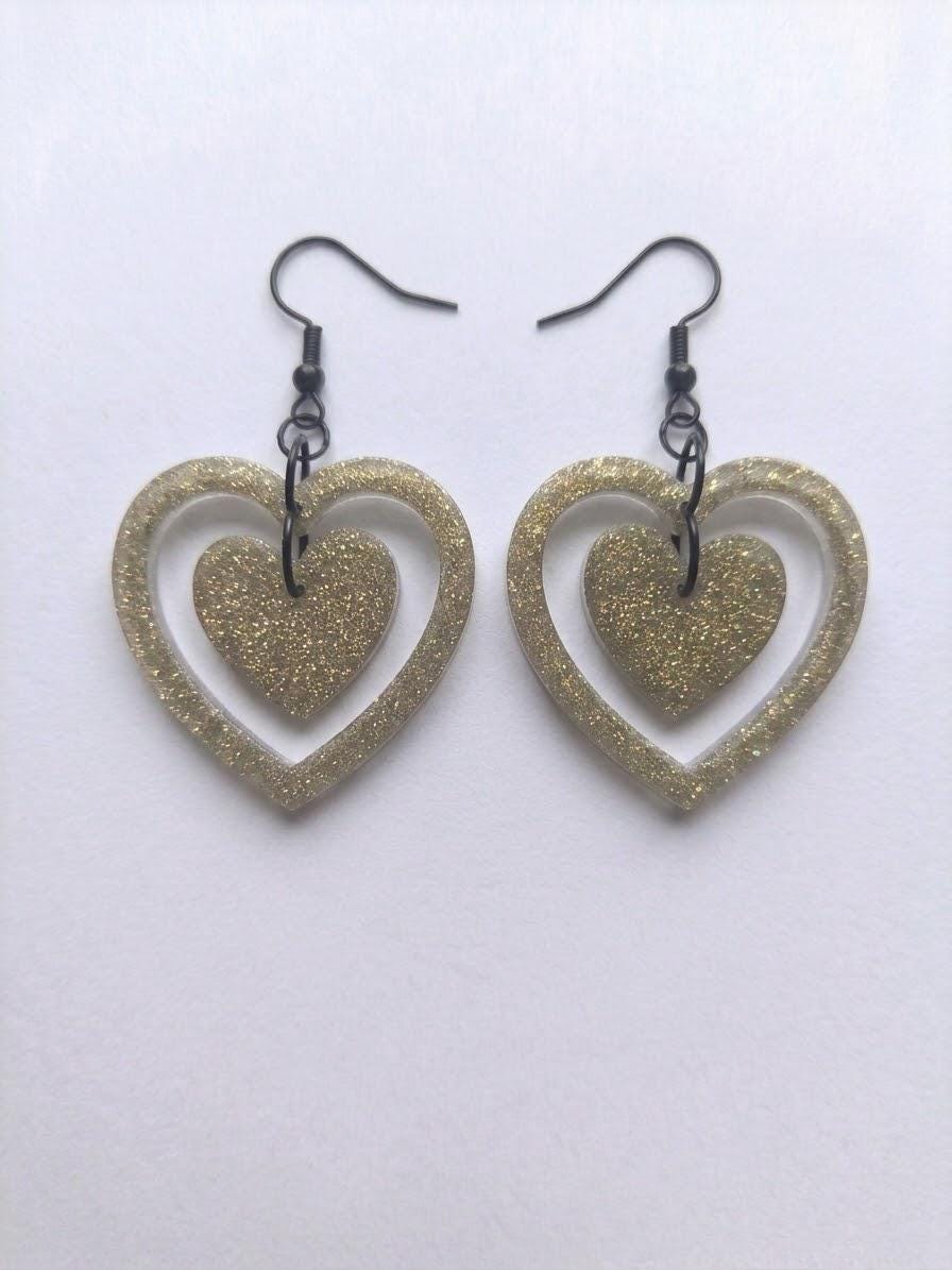 Handcrafted Epoxy Resin Dual Heart Earrings - Gothic Wearable Art