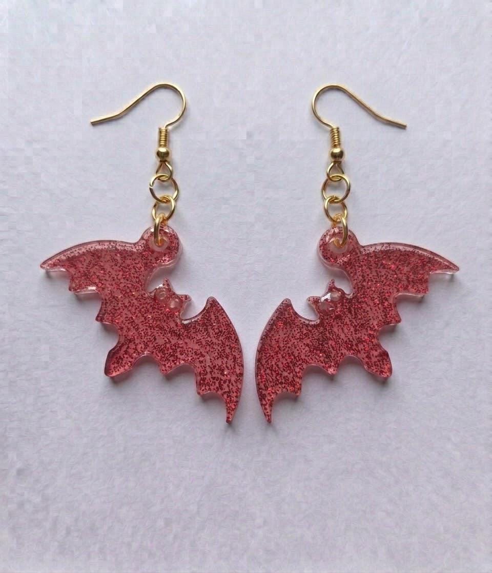 Handcrafted Epoxy Resin Bat Earrings - Gothic Wearable Art