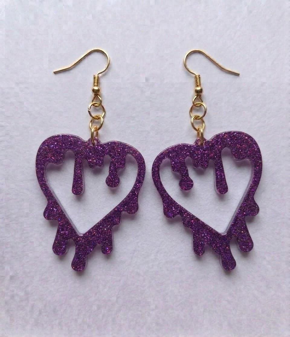 Handcrafted Epoxy Resin Melting Heart Earrings - Gothic Wearable Art
