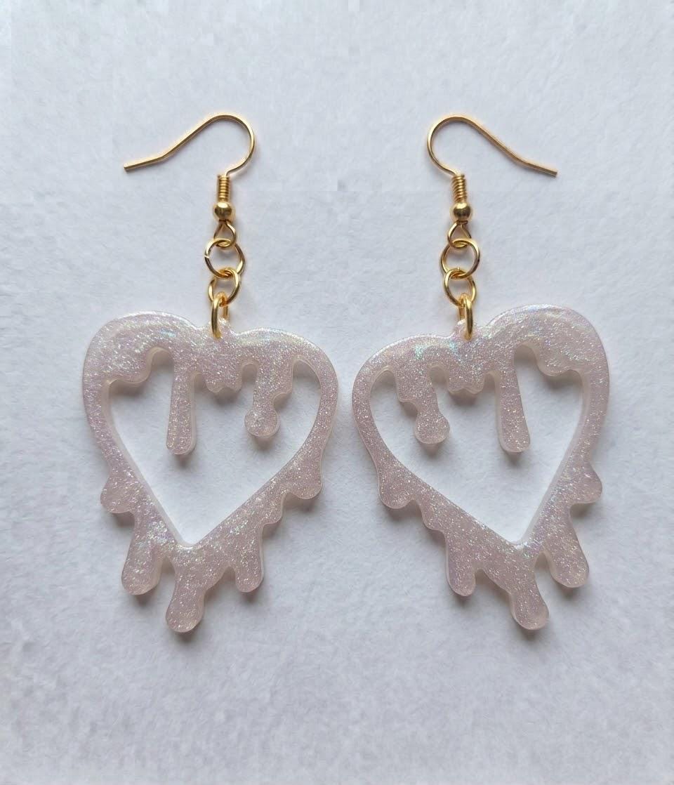 Handcrafted Epoxy Resin Melting Heart Earrings - Gothic Wearable Art