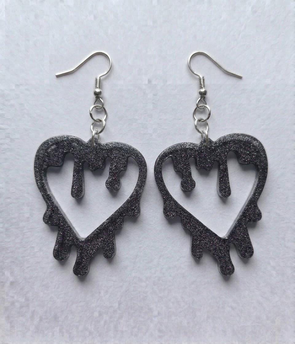 Handcrafted Epoxy Resin Melting Heart Earrings - Gothic Wearable Art