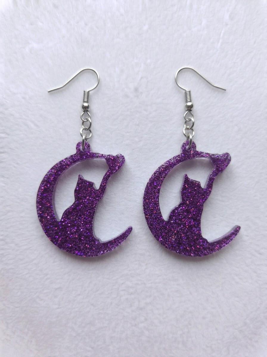 Handcrafted Epoxy Resin Cat Moon Earrings - Gothic Wearable Art