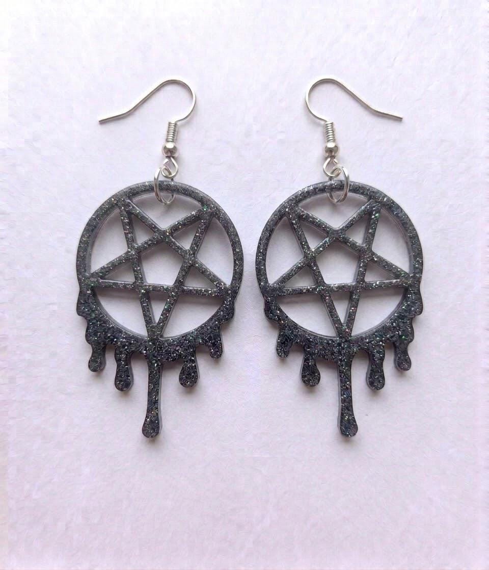 Handcrafted Epoxy Resin Melting Pentacle Earrings - Gothic Wearable Art