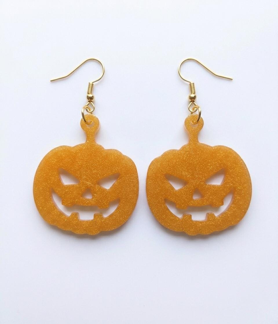 Handcrafted Epoxy Resin Jack-o-Lantern Earrings - Gothic Wearable Art