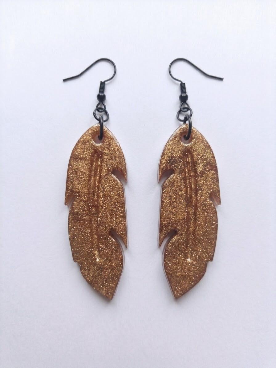 Handcrafted Epoxy Resin Feather Earrings - Gothic Wearable Art