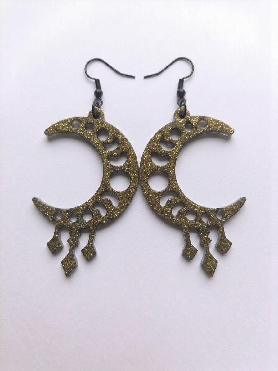 Handcrafted Epoxy Resin Moon Phase Crescent Earrings - Gothic Wearable Art