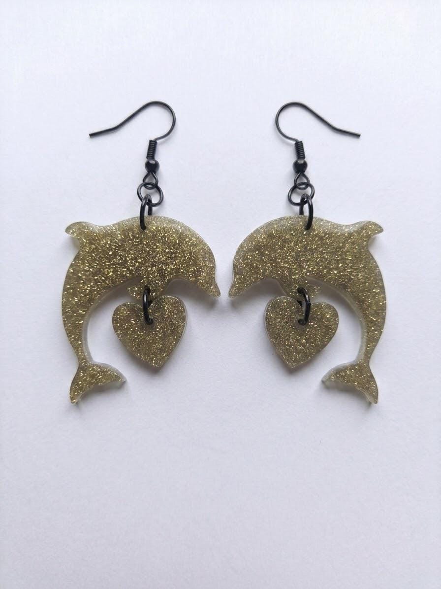 Handcrafted Epoxy Resin Dolphin Heart Earrings - Gothic Wearable Art