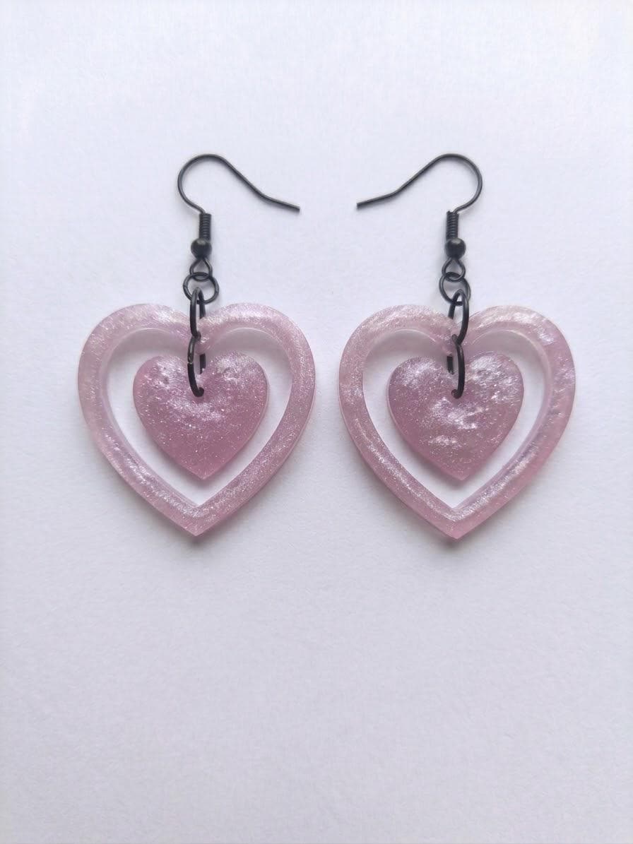 Handcrafted Epoxy Resin Dual Heart Earrings - Gothic Wearable Art